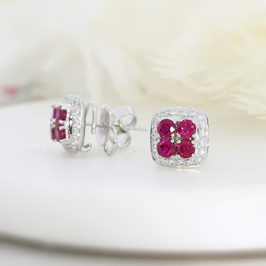 Pre Owned 18ct White Gold Round Ruby & Diamond Earrings in a Square Cluster Setting