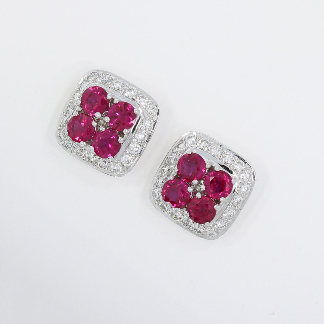 Pre Owned 18ct White Gold Round Ruby & Diamond Earrings in a Square Cluster Setting