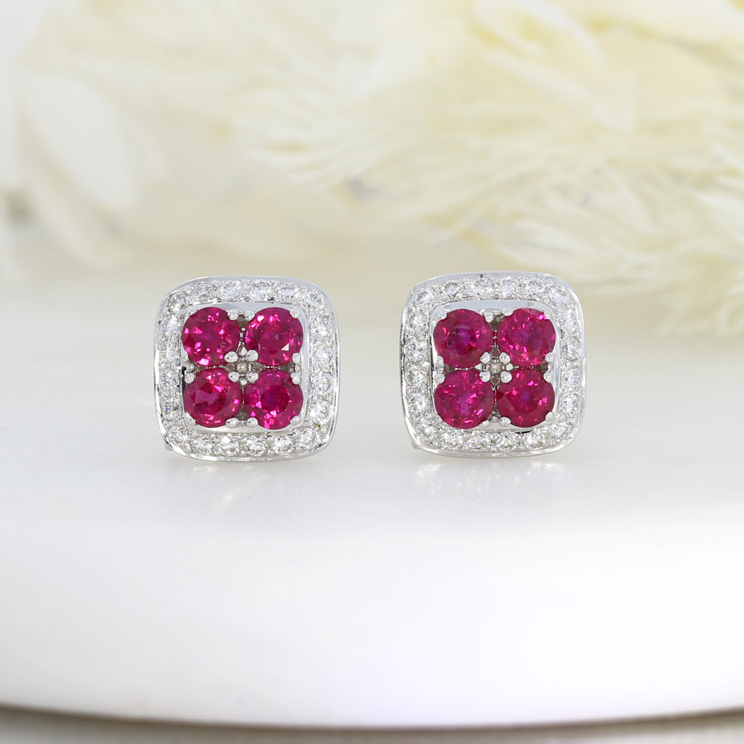 Pre Owned 18ct White Gold Round Ruby & Diamond Earrings in a Square Cluster Setting