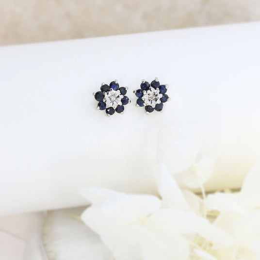 Pre Owned 9ct Yellow Gold Sapphire and Diamond Chip Flower Cluster Studs