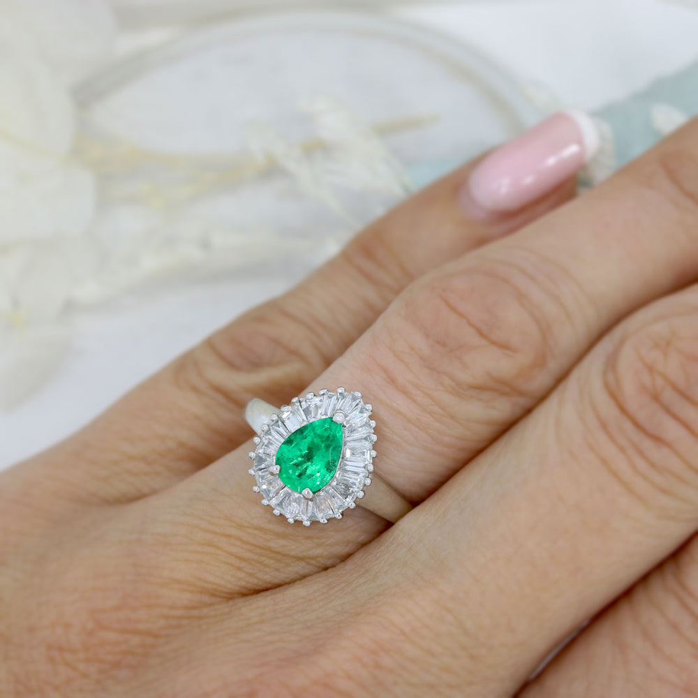 Pre Owned Platinum Pear Shaped Emerald & Baguette Diamond Cluster Ring