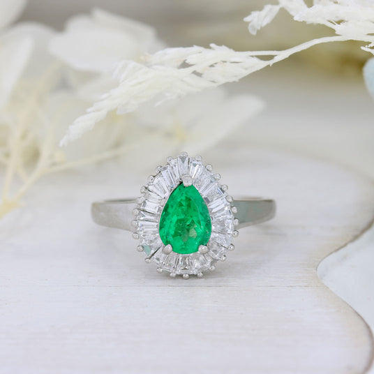 Pre Owned Platinum Pear Shaped Emerald & Baguette Diamond Cluster Ring