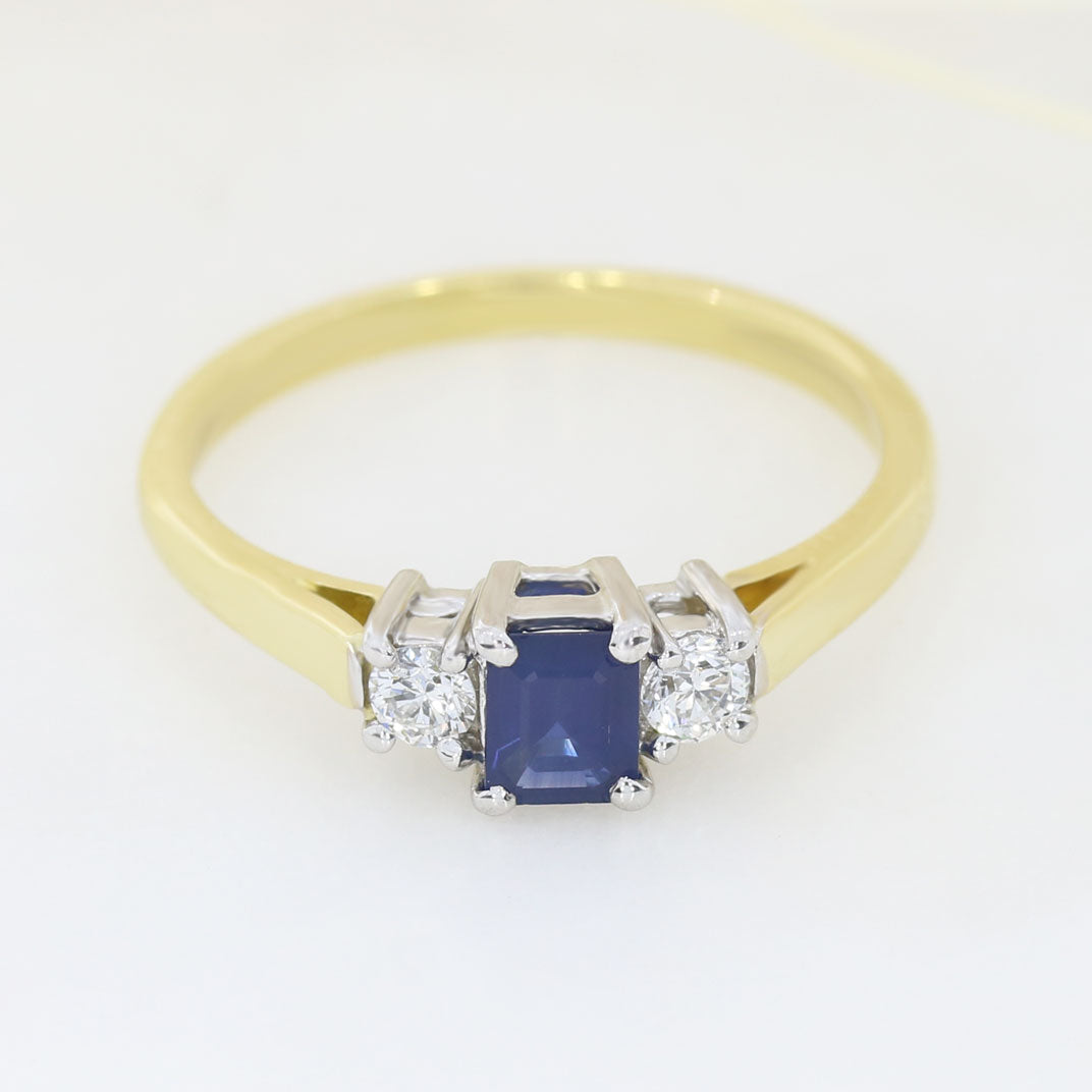 Pre Owned 3 Stone Emerald Cut Sapphire & Diamond Ring