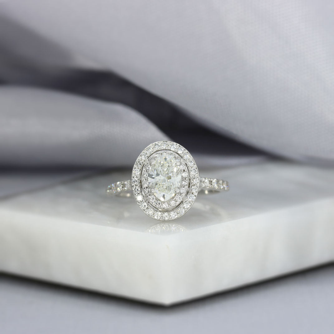 Pre Owned 18ct Gold Certified Oval Double Halo Ring Total Total 1.53ct