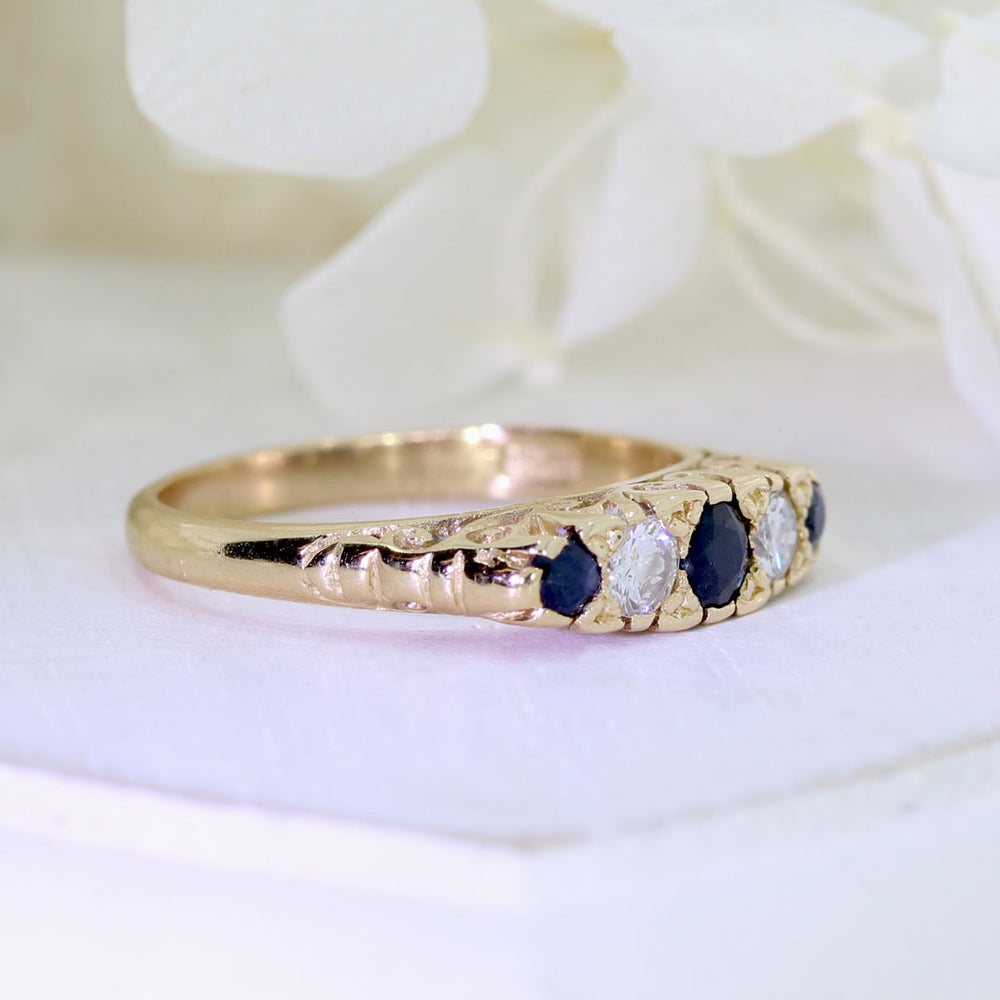 Pre Owned 18ct Yellow Gold Sapphire & Diamond Vintage Style Boat Ring