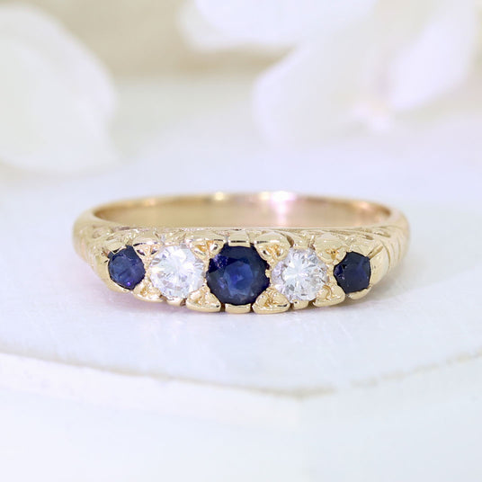 Pre Owned 18ct Yellow Gold Sapphire & Diamond Vintage Style Boat Ring