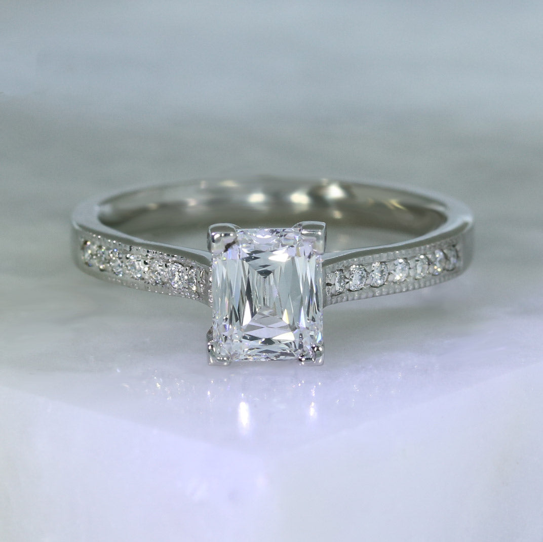 Pre Owned Certified Platinum Radiant Cut Oblong Diamond Solitaire Ring with Diamond Set Shoulders 1.32ct
