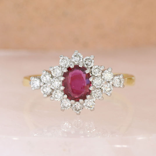 Pre Owned 18ct Yellow Gold Oval Ruby & Diamond Cluster Ring