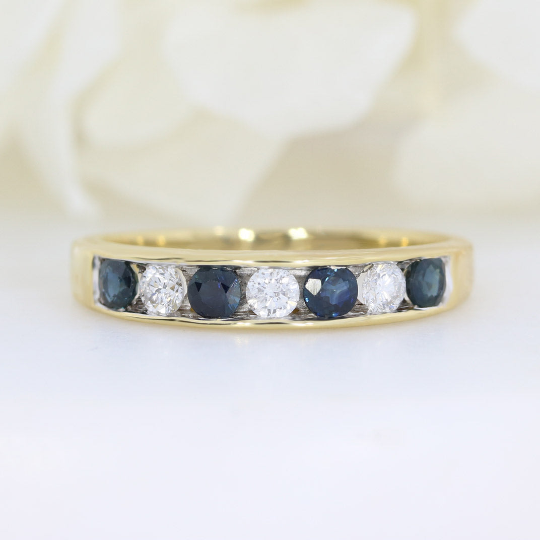 Pre Owned 18ct Yellow Gold 7 Stone Diamond & Sapphire Eternity Ring