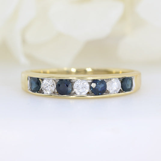 Pre Owned 18ct Yellow Gold 7 Stone Diamond & Sapphire Eternity Ring