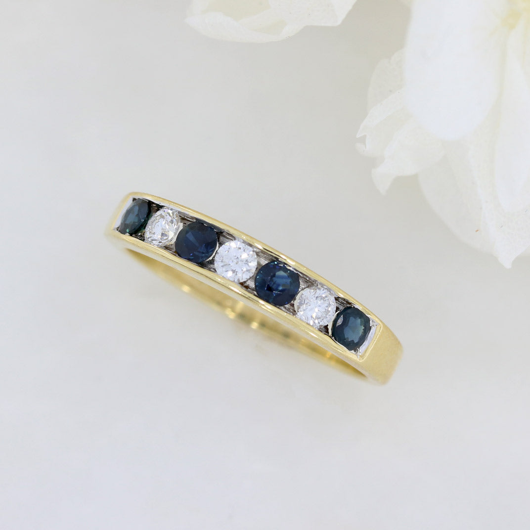 Pre Owned 18ct Yellow Gold 7 Stone Diamond & Sapphire Eternity Ring