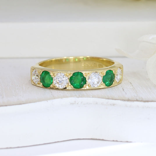 Pre Owned 18ct Yellow Gold Emerald & Diamond Pave Set Eternity Ring