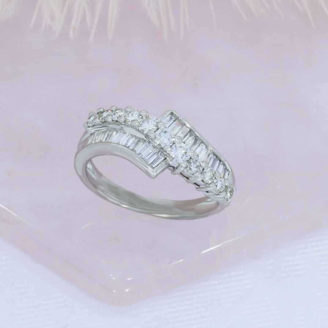 Pre Owned 9ct White gold baguette and round fancy diamond ring approx. 0.60ct