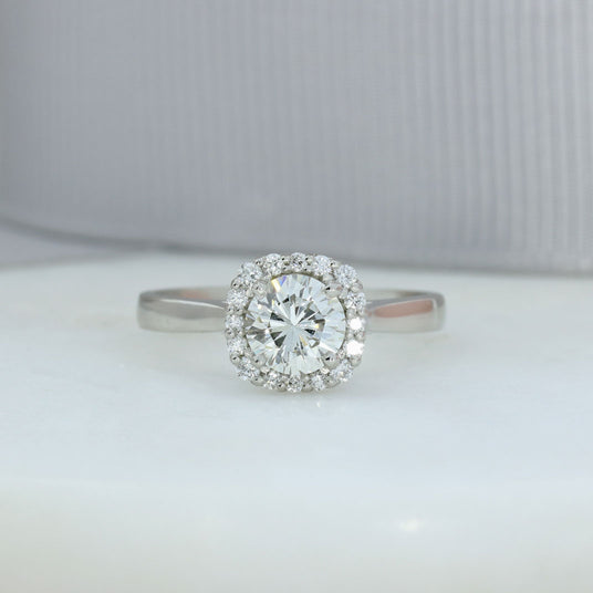Pre Owned Certified Platinum Solitaire Diamond Ring with Halo Surround Total 1.13ct J VVS2
