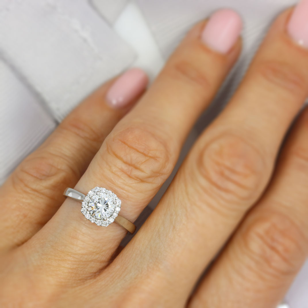 Pre Owned Certified Platinum Solitaire Diamond Ring with Halo Surround Total 1.13ct J VVS2