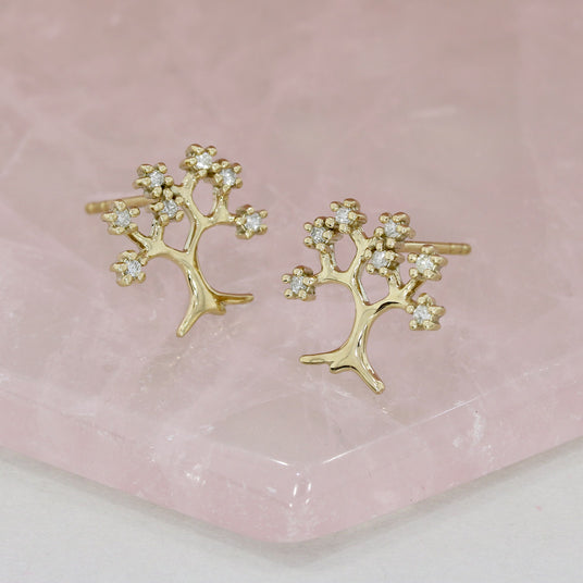9ct Yellow Gold Tree Earrings Set With Diamonds