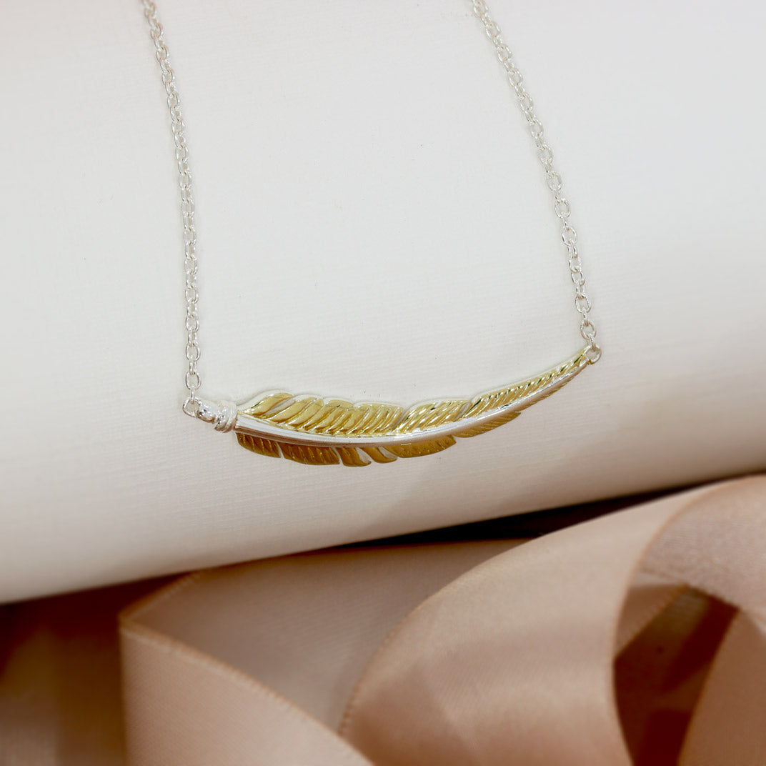 Silver Feather Necklace with Yellow Gold Accent and Extendable Chain
