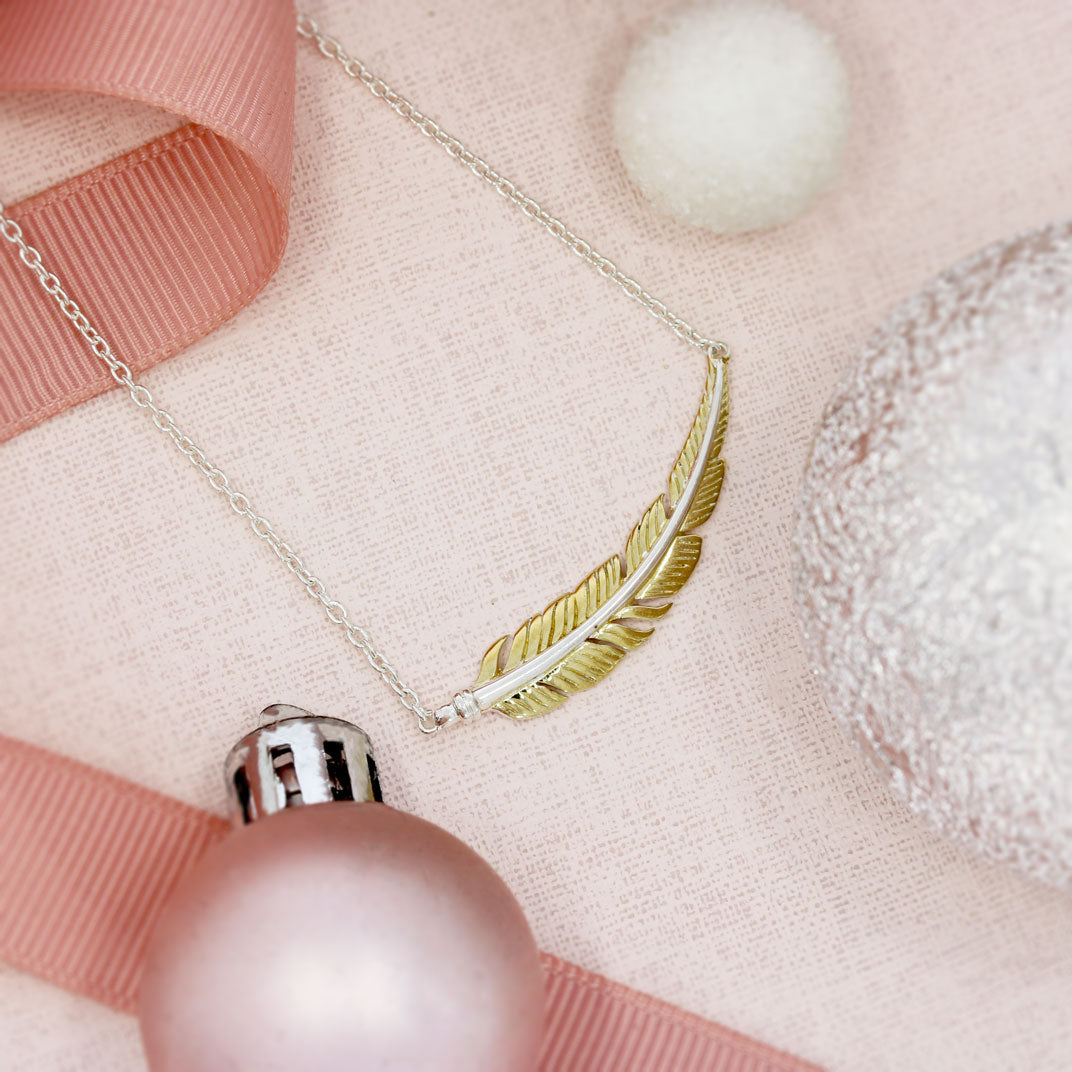 Silver Feather Necklace with Yellow Gold Accent and Extendable Chain
