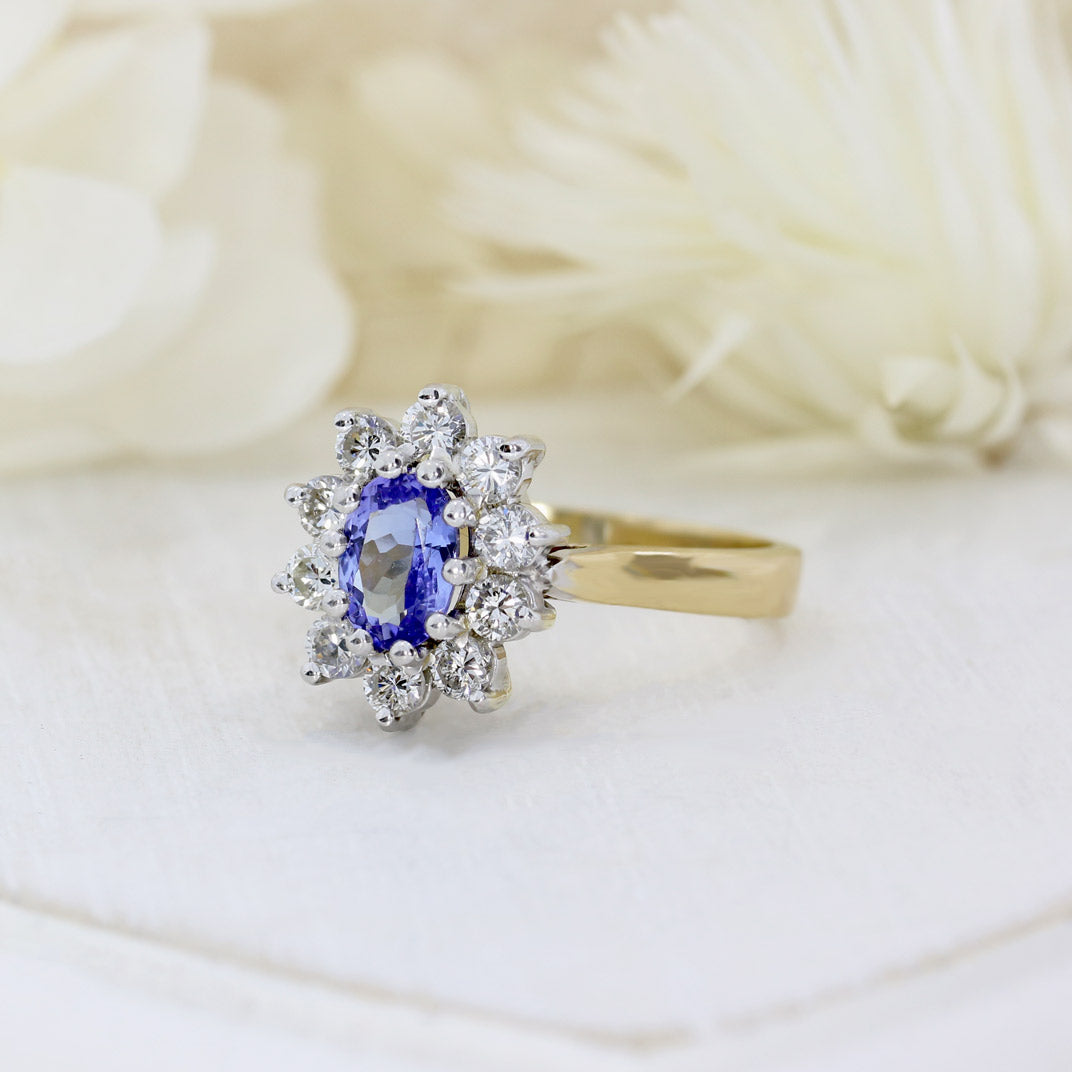 9ct Yellow Gold Oval Tanzanite & Diamond Cluster Ring