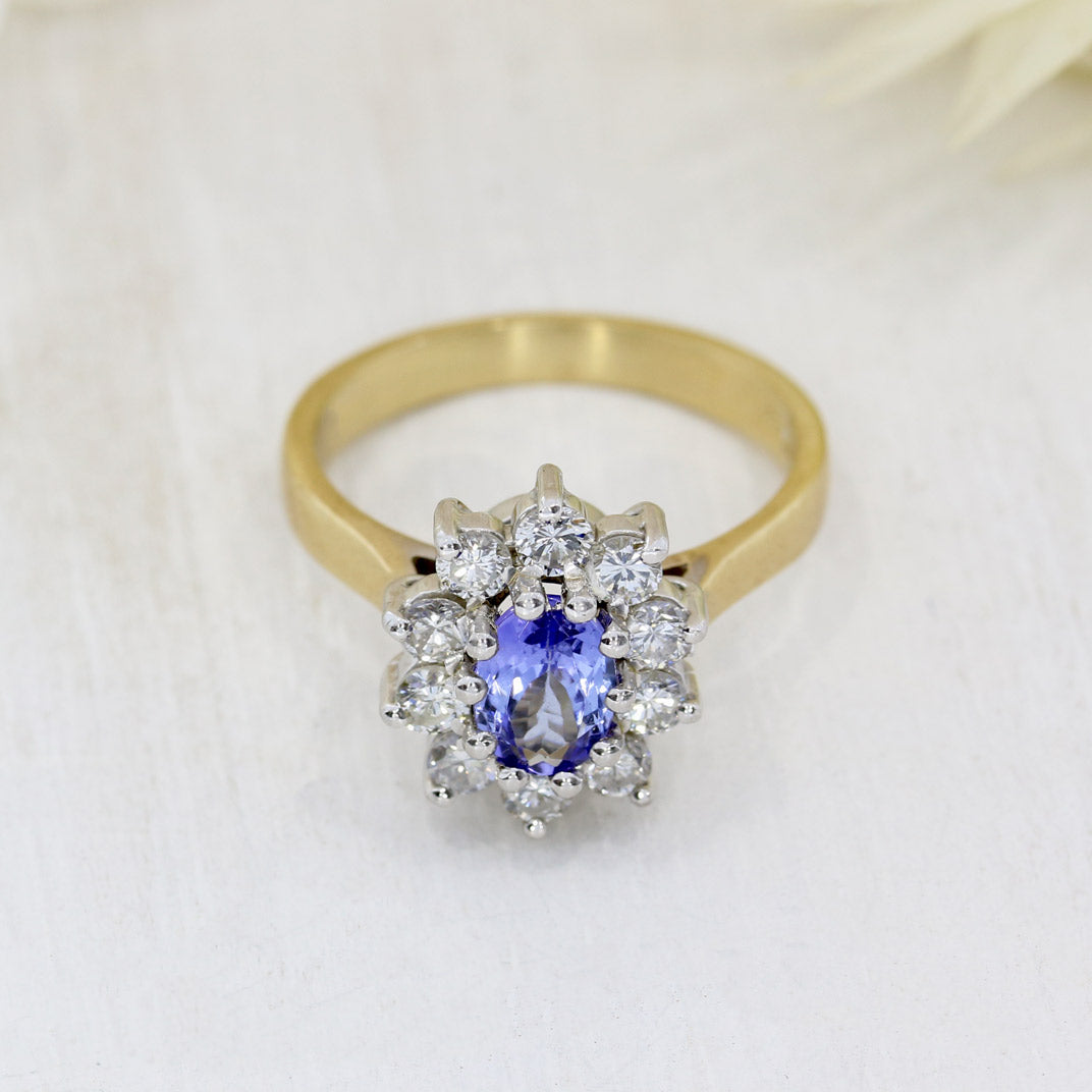 9ct Yellow Gold Oval Tanzanite & Diamond Cluster Ring