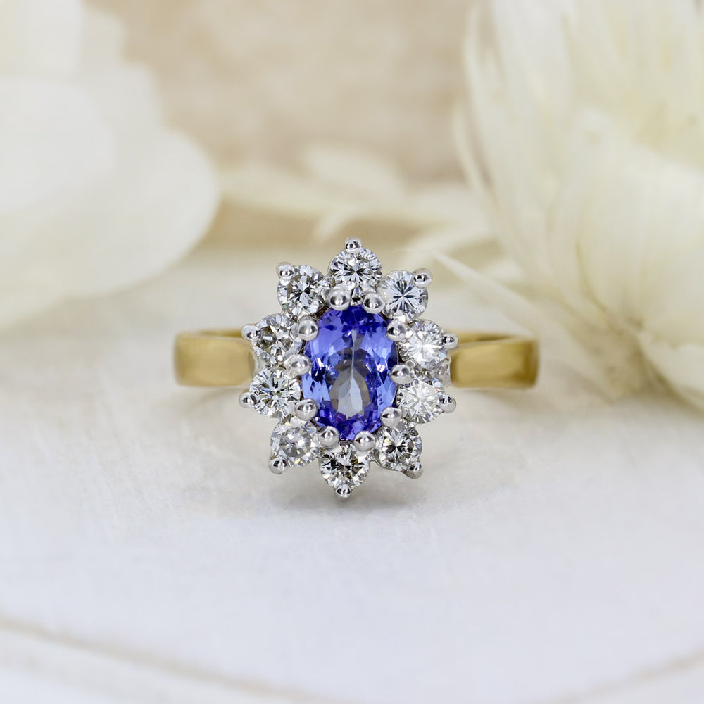 9ct Yellow Gold Oval Tanzanite & Diamond Cluster Ring