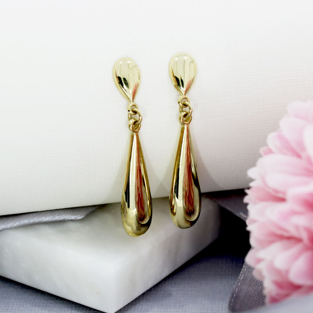 9ct Yellow Gold Long Drop Teardrop Earrings