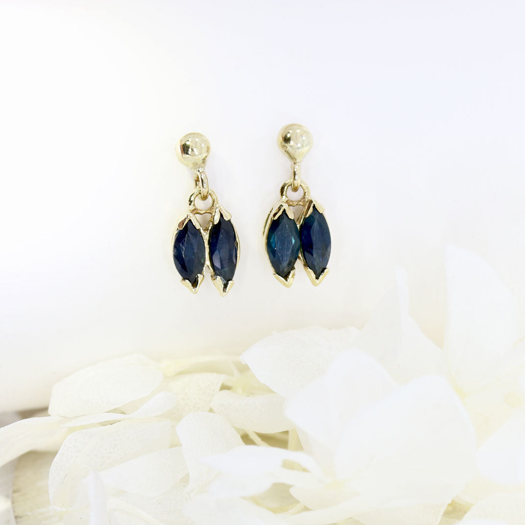 9ct Yellow Gold Double Sapphire Marquise Drop Earrings