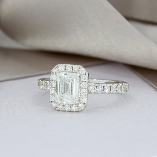 Certified Pre Owned 18ct Emerald Cut Cluster Ring with Diamond Shoulder Stones total 1.52ct