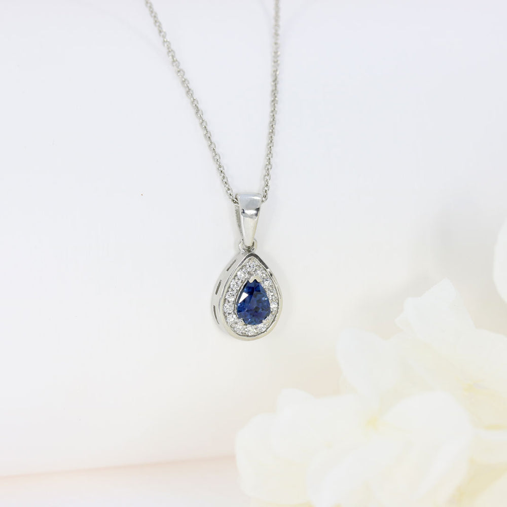 Platinum Pear Shape Sapphire & Diamond Halo Pendant On an 18 Inch Platinum Chain
