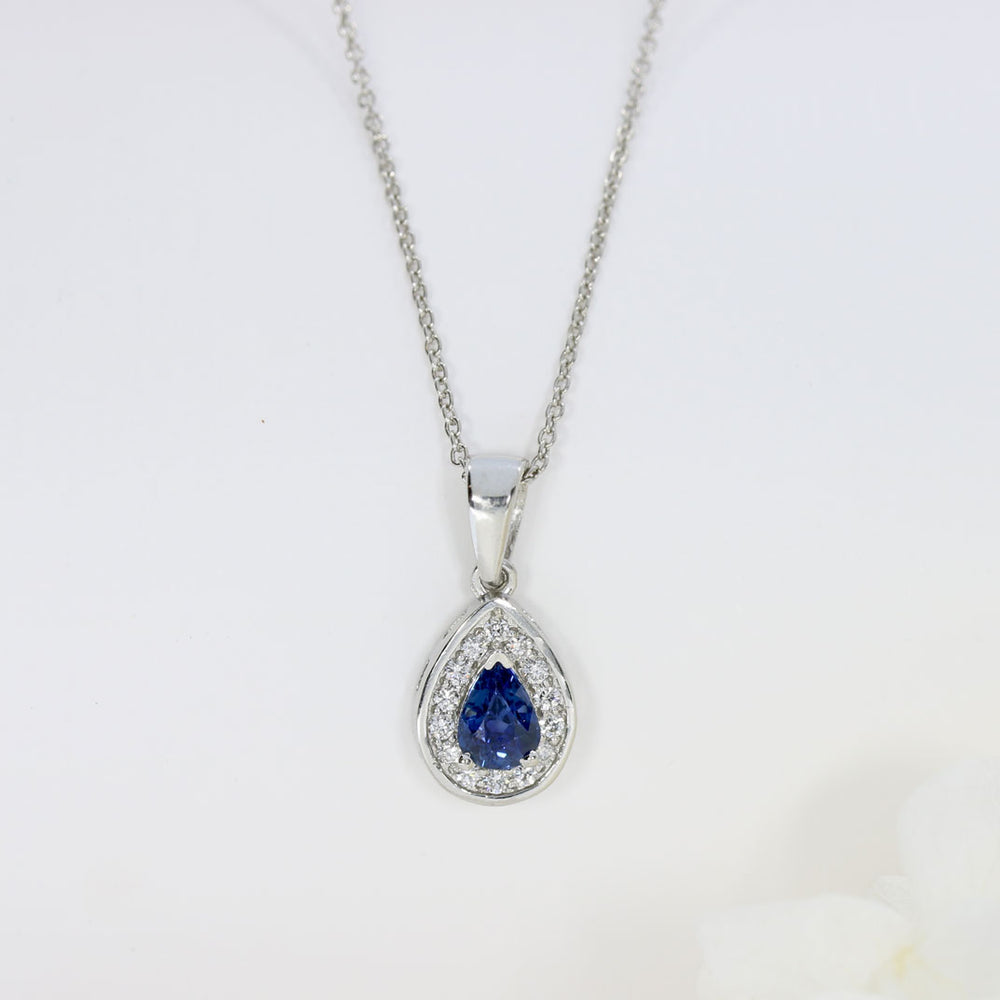 Platinum Pear Shape Sapphire & Diamond Halo Pendant On an 18 Inch Platinum Chain