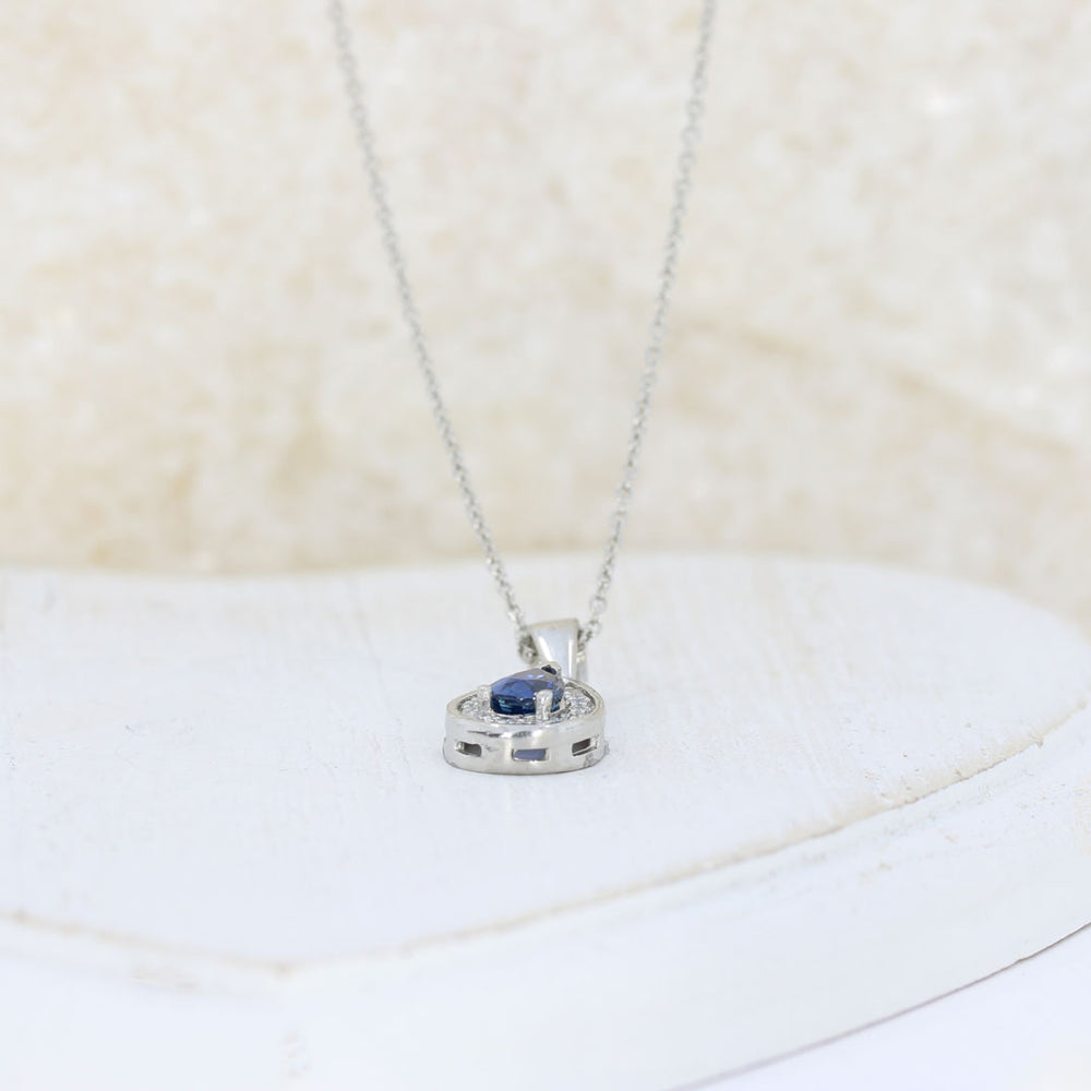 Platinum Pear Shape Sapphire & Diamond Halo Pendant On an 18 Inch Platinum Chain
