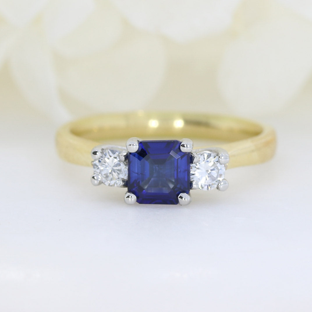 Pre Owned 18ct Square Sapphire & Round Diamond 3 Stone Ring