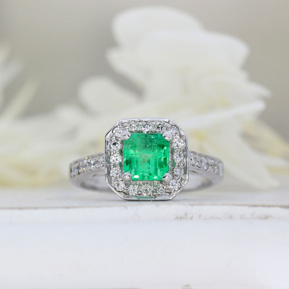 18ct White Gold Square Emerald & Diamond Halo Ring