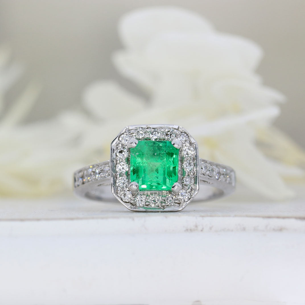 18ct White Gold Square Emerald & Diamond Halo Ring