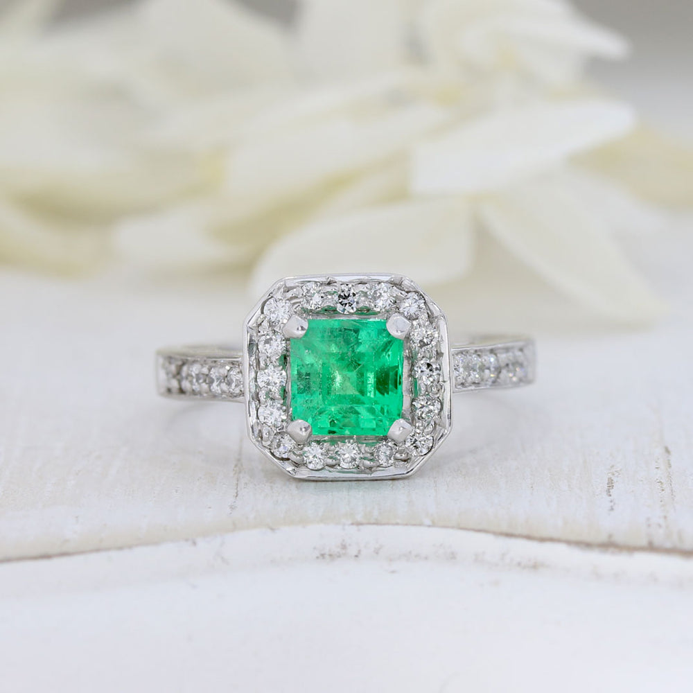 18ct White Gold Square Emerald & Diamond Halo Ring