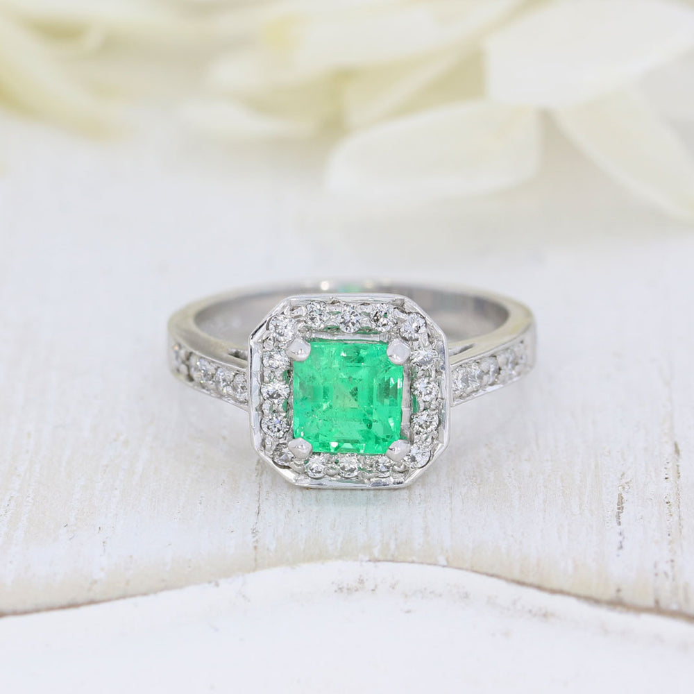 18ct White Gold Square Emerald & Diamond Halo Ring