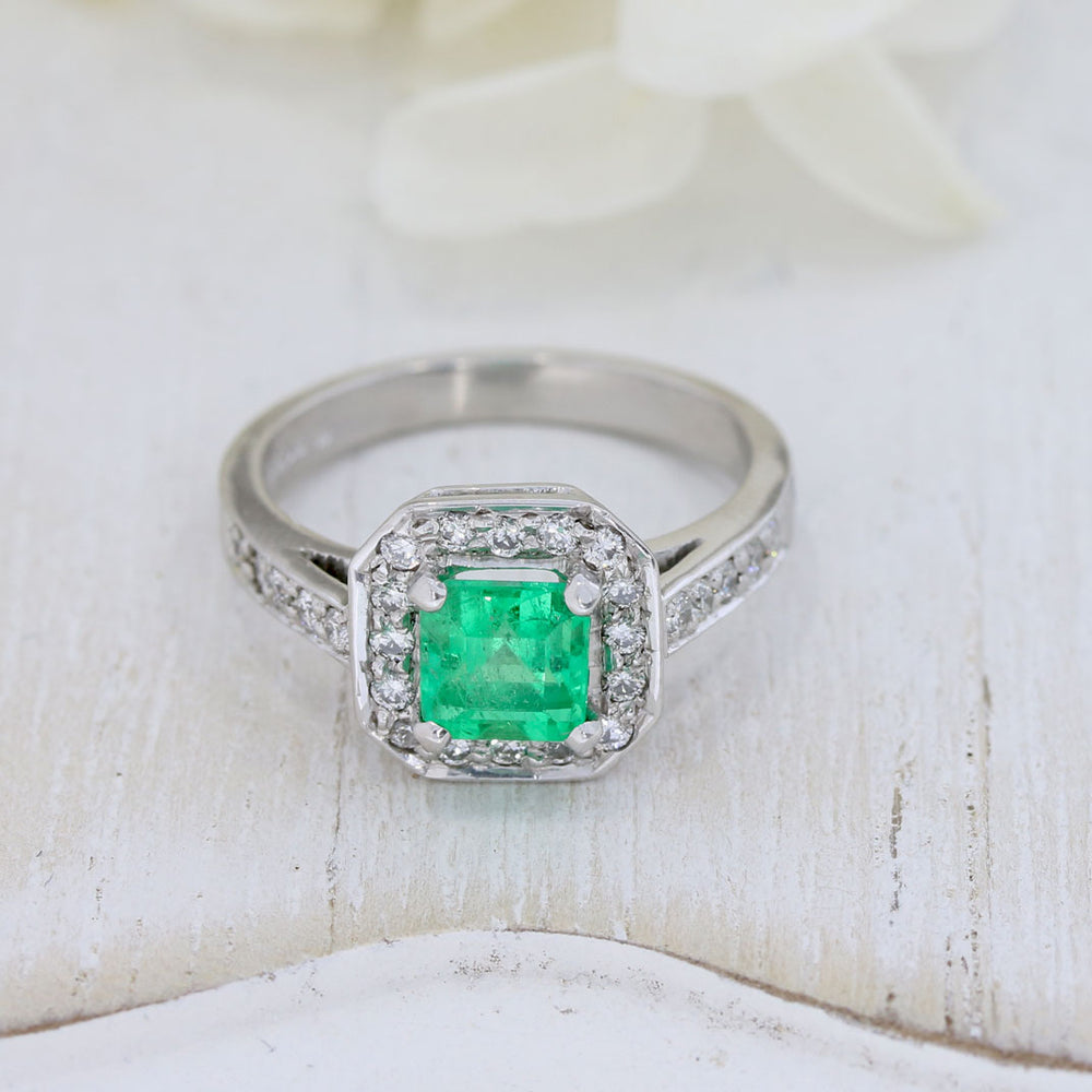 18ct White Gold Square Emerald & Diamond Halo Ring