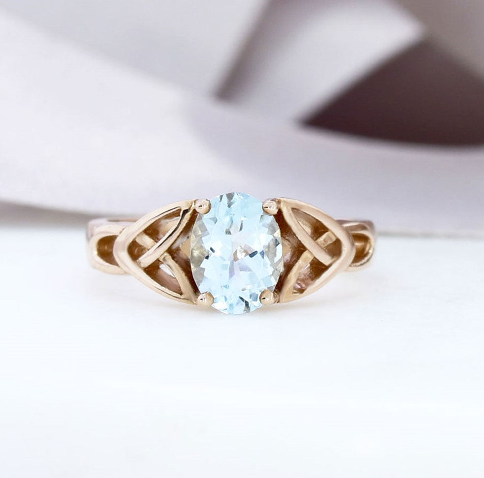 9ct Rose Gold Oval Celtic Style Aquamarine Ring 1.20ct