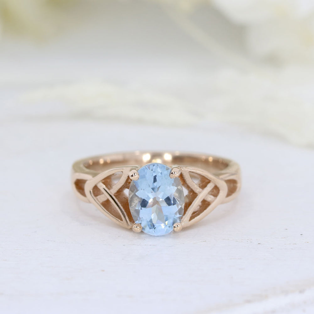 9ct Rose Gold Oval Celtic Style Aquamarine Ring 1.20ct