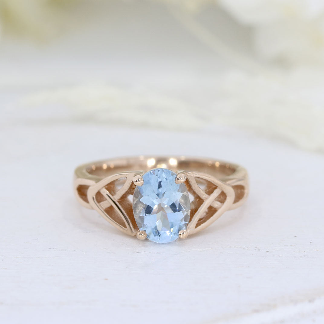 9ct Rose Gold Oval Celtic Style Aquamarine Ring 1.20ct