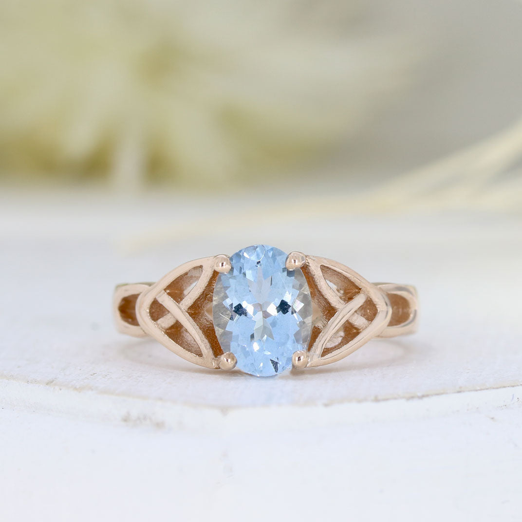 9ct Rose Gold Oval Celtic Style Aquamarine Ring 1.20ct