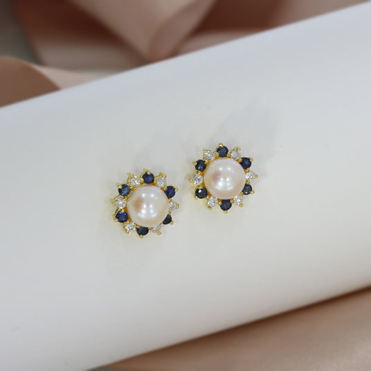 9ct Yellow Gold Cream Pearl Stud Earrings with Diamond & Sapphire Halo