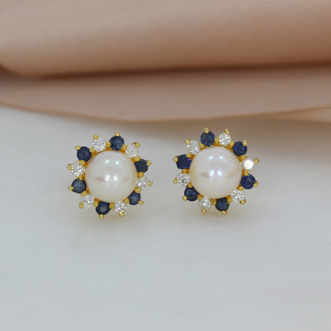 9ct Yellow Gold Cream Pearl Stud Earrings with Diamond & Sapphire Halo