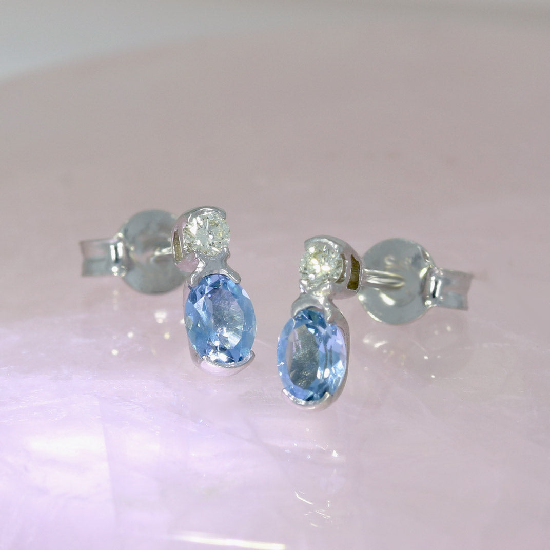 9ct White Gold Trap Set Oval Aquamarine & Round Diamond Stud Earrings