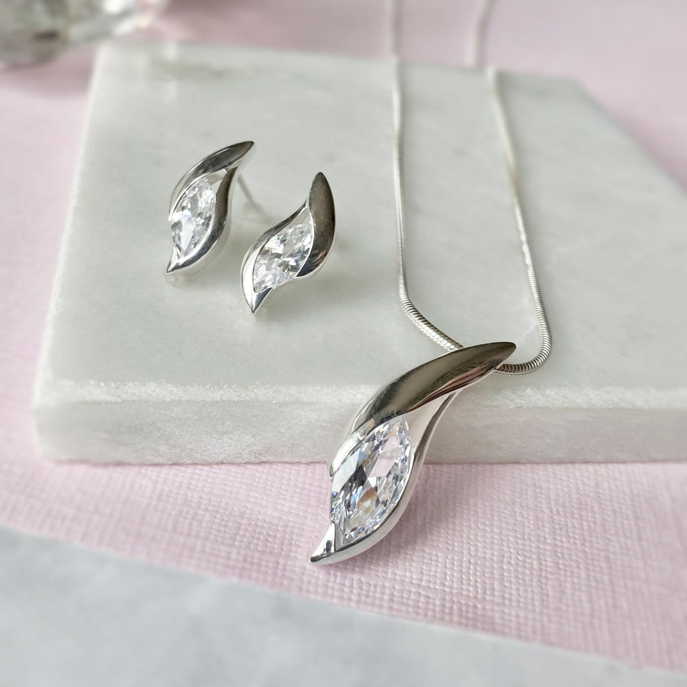 Silver Marquise Shaped Pendant Set with Large Cubic Zirconia