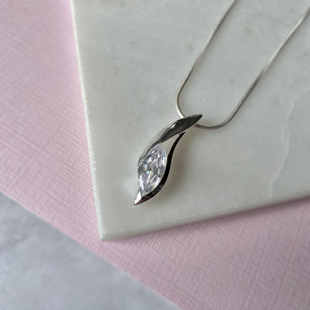 Silver Marquise Shaped Pendant Set with Large Cubic Zirconia