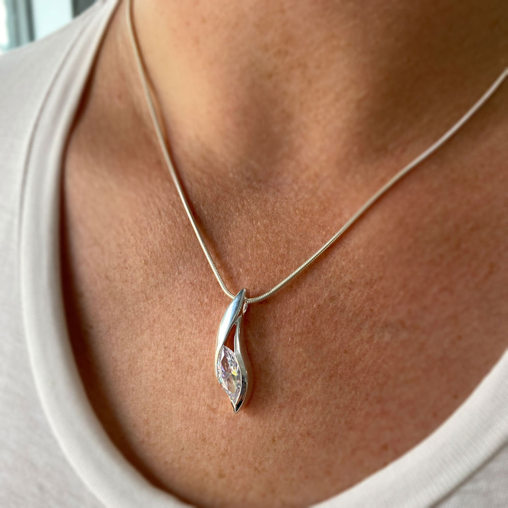 Silver Marquise Shaped Pendant Set with Large Cubic Zirconia