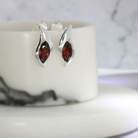 Silver Marquise Shape Garnet Earrings