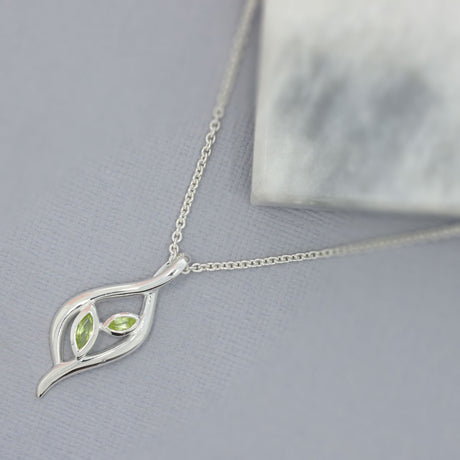 Silver Leaf Shaped Peridot Pendant & Chain