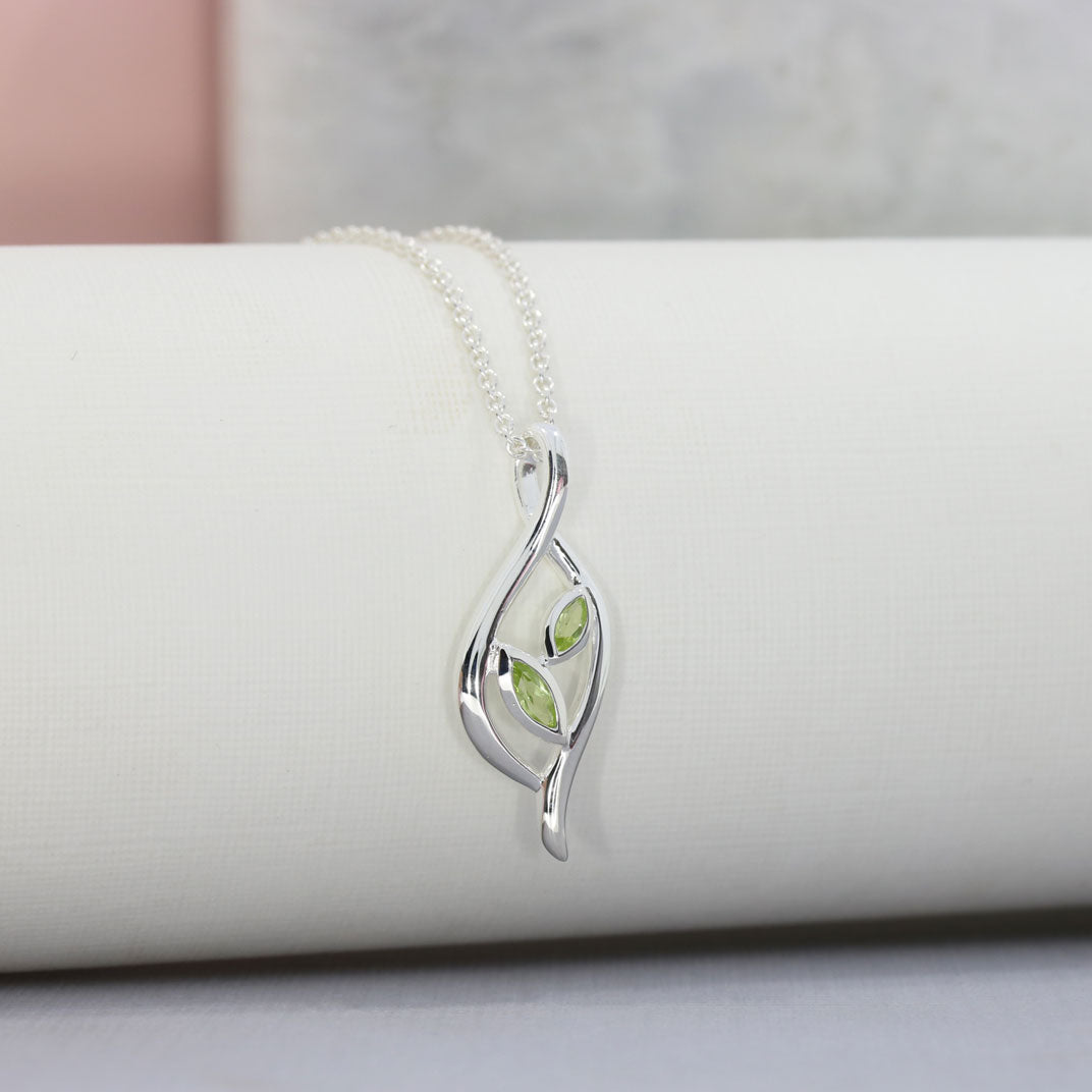 Silver Leaf Shaped Peridot Pendant & Chain